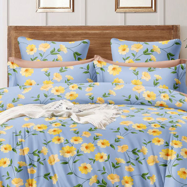 Super Soft Daffodils Blue Design Double Bedsheet ( 90*100inch, King )